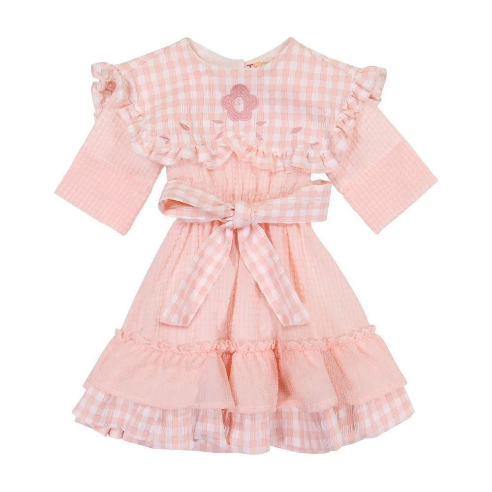 Pink and Blue Girls' Peasant Vintage-like Dress Flower Applique Set Of 2